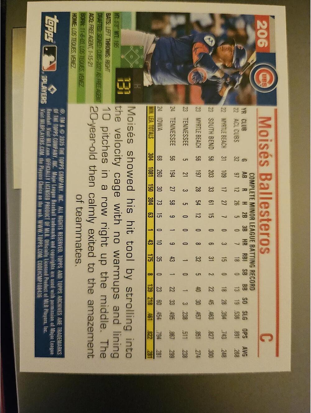 Moises Ballesteros - RC - 2025 Topps Archives #206 - Cubs - RAW mint - Picture 2 of 2
